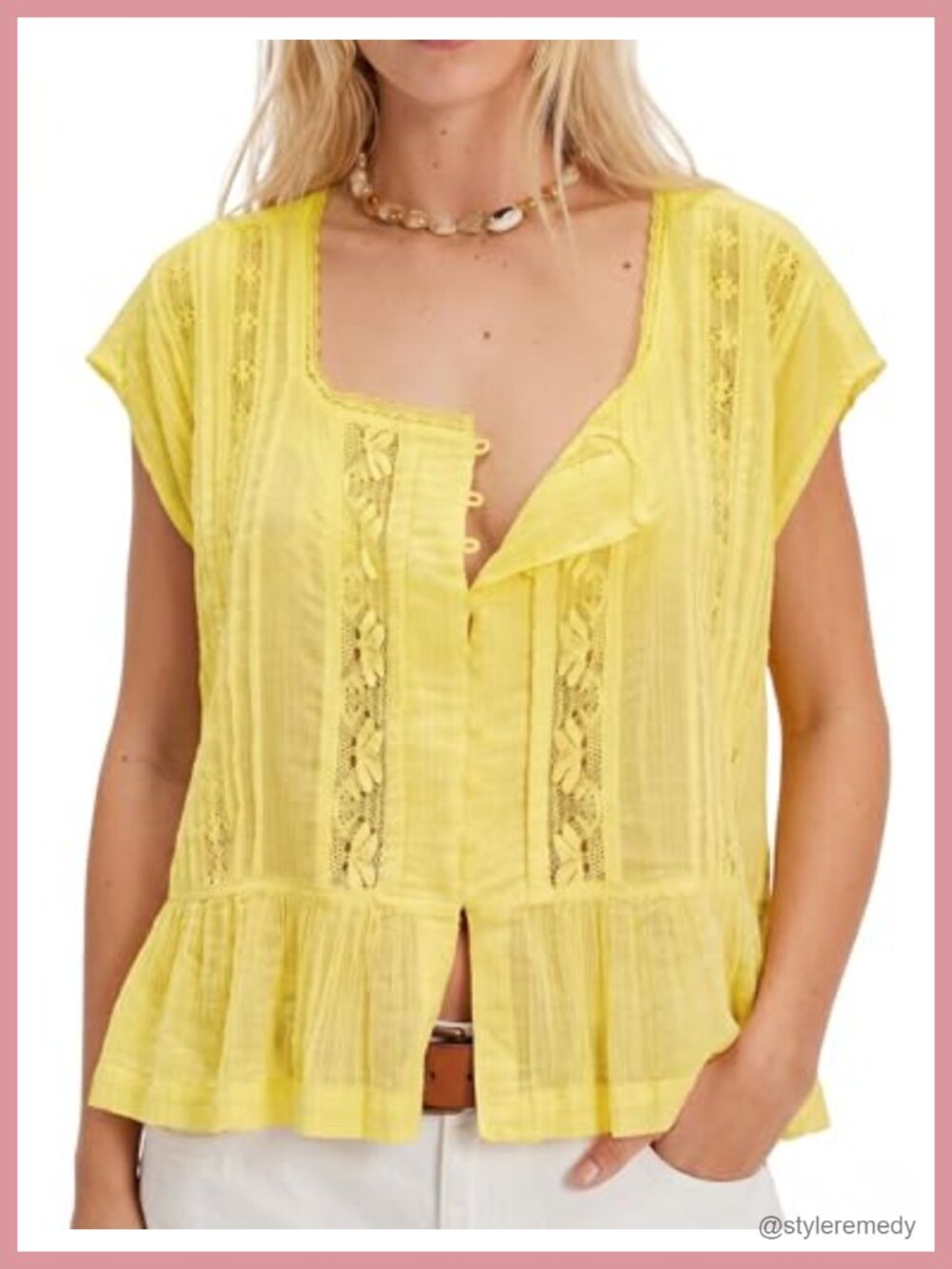 Boho Semi Sheer Cotton Lace Trim Button Down Short Sleeve Blouse